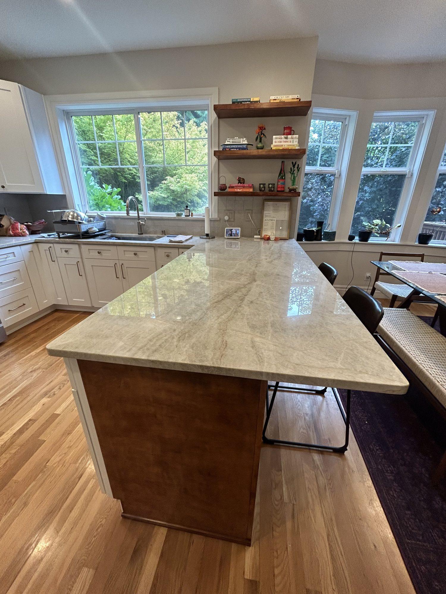 Quartzite countertop on a custom kitchen peninsula
